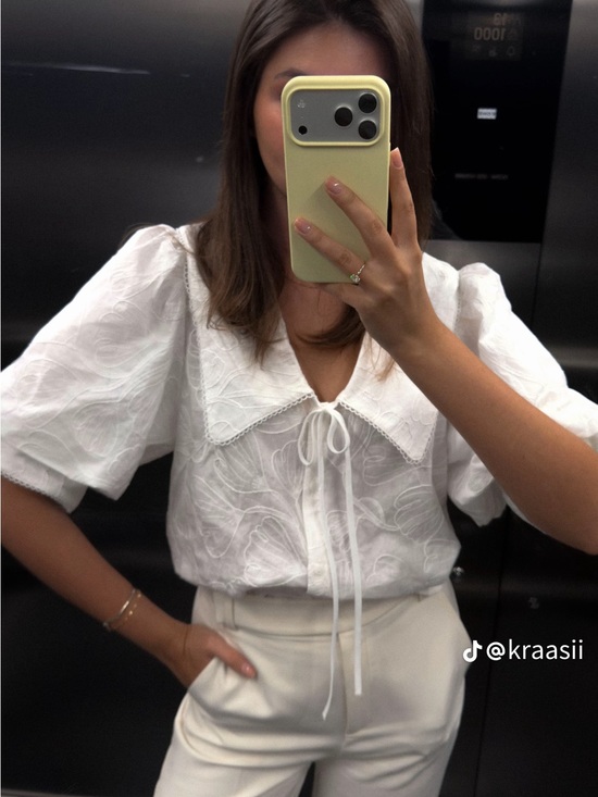 Zara Tops - Zara Brandnew S- White Eyelet Tie-Collar Puff Sleeve Blouse